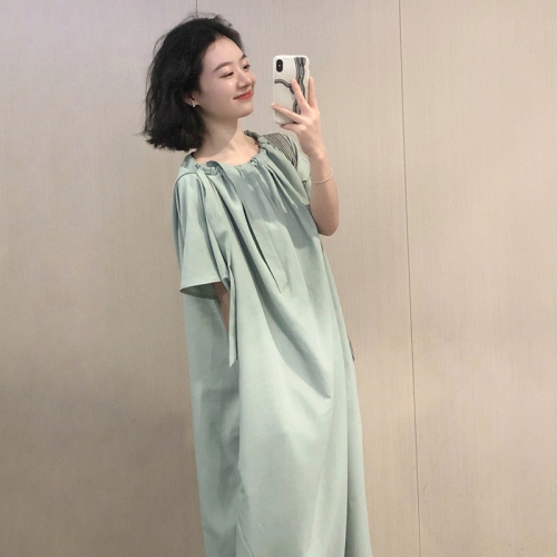 2024 spring and summer new style women's high-end coffee break French loose belly-covering slim casual green dress summer