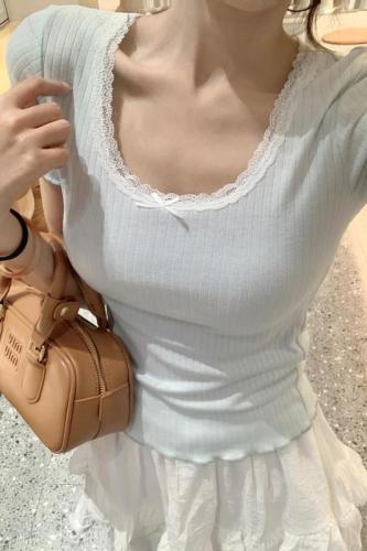 实拍短袖t恤女夏2024优雅蕾丝修身正肩纯色短款圆领上衣韩版女装