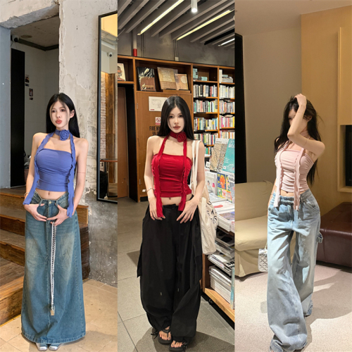 Actual shot ~ Pure Desire Hot Girl One Shoulder Flower Tube Top Women’s Summer T-shirt with Breast Pad, Chic and Sweet Little Shirt