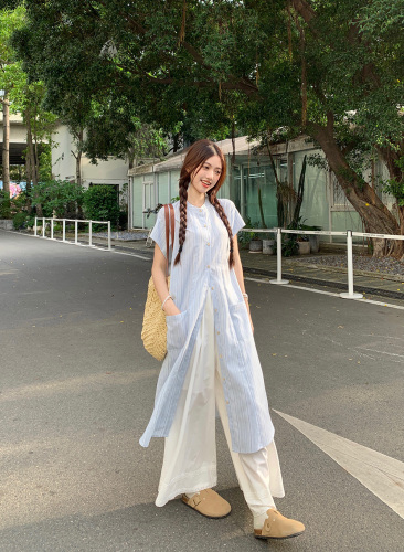 Actual shot ~ Literary retro loose casual fashion versatile striped long shirt + lace splicing wide-leg pants skirt