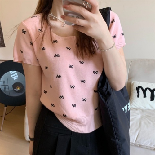 Bow knitted short-sleeved top for women summer new square collar temperament short gentle thin pullover T-shirt