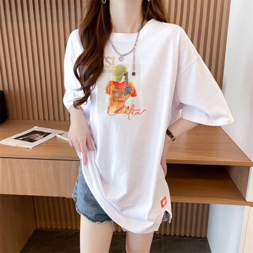 First real shot quality/pure cotton/back collar/mid-length loose heavy industry slit embroidered T-shirt