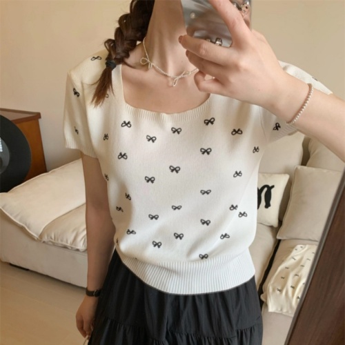 Bow knitted short-sleeved top for women summer new square collar temperament short gentle thin pullover T-shirt