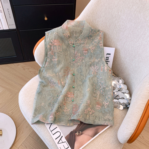 High-end heavy industry embroidered vest for women's spring and autumn new Chinese style organza stand-up collar vest jacket top