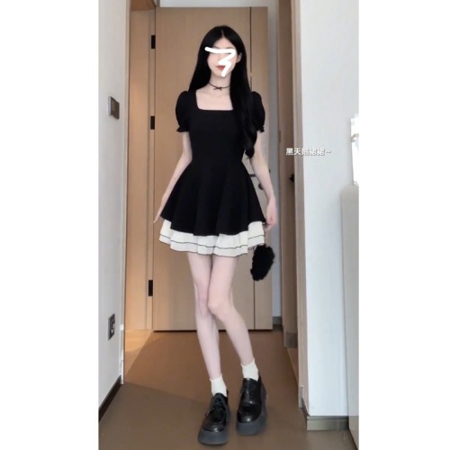 5.13 Arrive at the stall Matsumoto Mourning Black Swan Contrast Dress Little Black Dress Slimming A-Line Dress