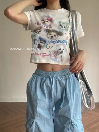 趣味卡通喷画蕾丝蝴蝶结T恤女2024夏季新款韩系小版休闲短袖