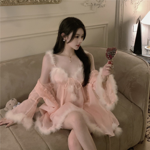 Actual shot of pure lust sexy slightly see-through furry splicing A-line suspender nightgown + long-sleeved robe 2-piece set