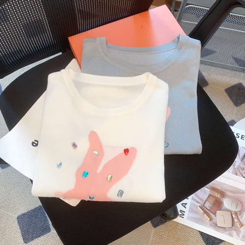 实拍设计感小兔子刺绣t恤女短袖夏季小众短款上衣薄款冰丝针织衫
