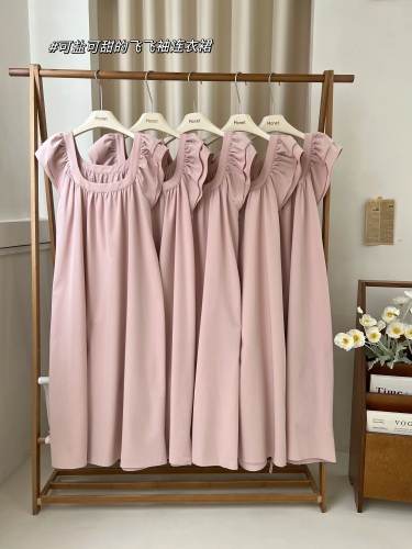 Wang Girl's Shop Pink Small Flying Sleeve Dress 2024 Summer Square Neck Sweet Vacation Loose Long Slim Skirt