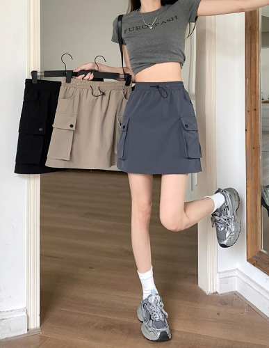 2024 Summer New Elastic Waist Drawstring Workwear Skirt Women's Korean Style High Waist Slim Design A-Line Skirt