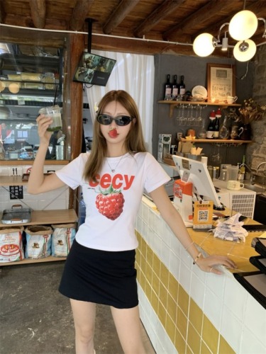 实拍~韩系鬼马少女树莓水果印花短款正肩T恤上衣