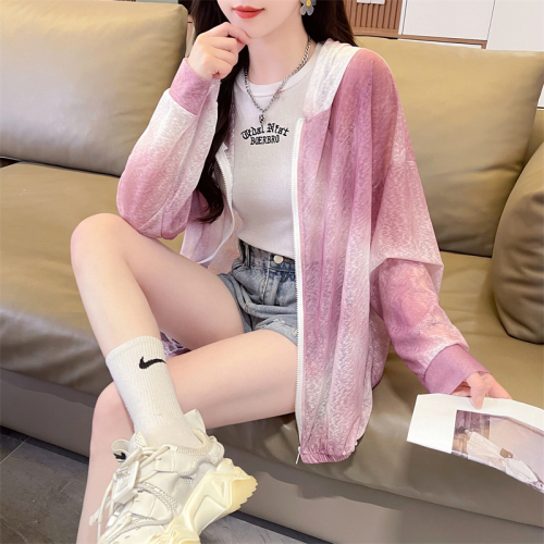 First real shot of 100 polyester ice silk sun protection clothing summer nano silk loose breathable thin cardigan hooded jacket for women