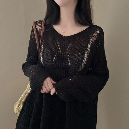 原创 韩国chic宽松版镂空冰丝针织衫V领套头薄款中长款防晒罩衫女