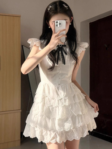 College style white dress for women summer new design niche bow small flying sleeves cake puff skirt