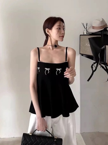 韩国chic夏季复古减龄方领撞色蝴蝶结设计修身百搭针织吊带上衣女