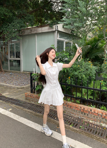 Real shot ~ College style white puff sleeve shirt dress, elegant waist, high-end and sweet short skirt