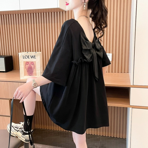 Quality/Pure Cotton/Mid-Length Heavy Industry Loose Backless Bow Design T-shirt