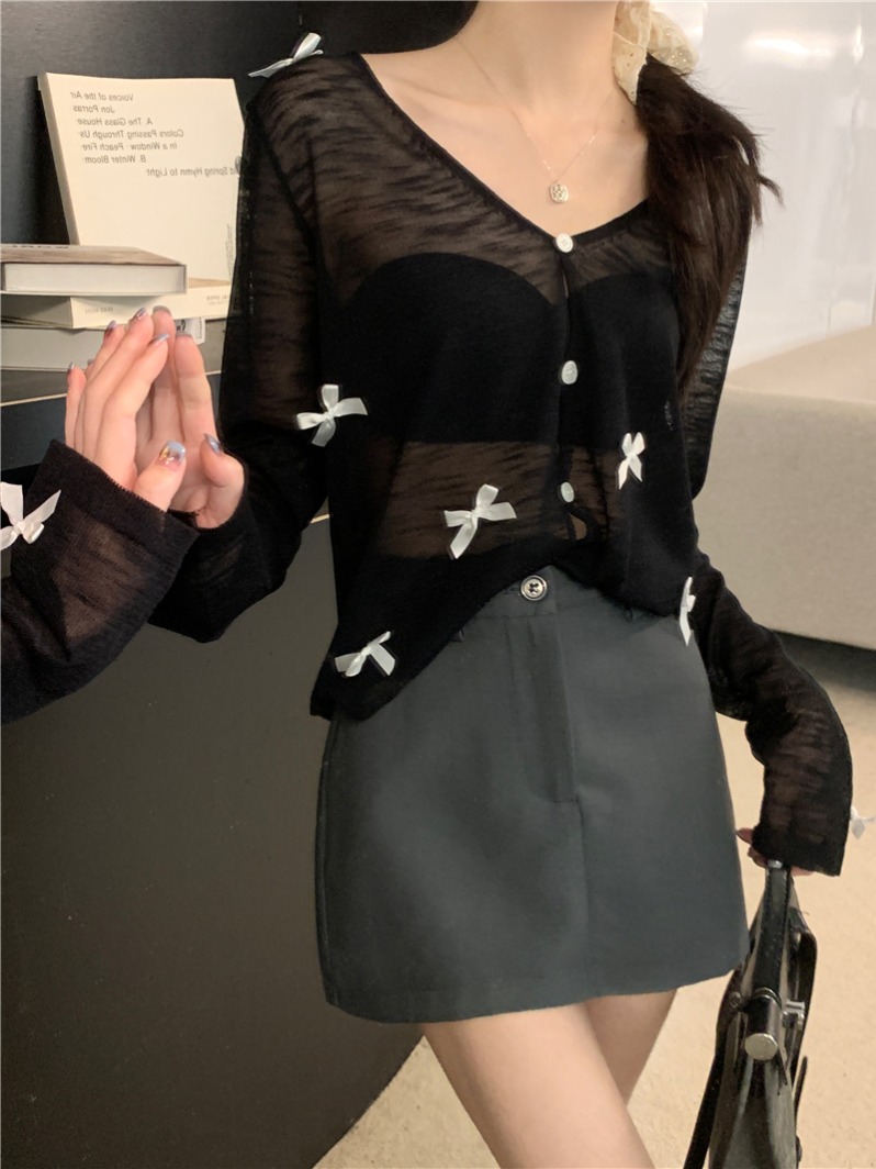 實拍  夏季薄款蝴蝶結針織開衫女長袖上衣防曬衫