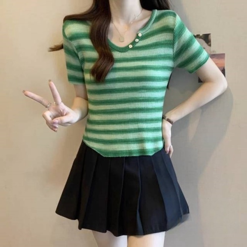 Korean style gradient striped knitted short-sleeved T-shirt for women 2024 summer new slim fit short versatile top