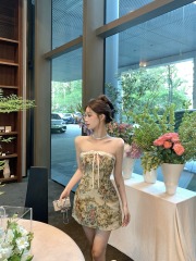 Actual shot of 2024 new style feminine tube top dress for women, trendy pinch waist dress