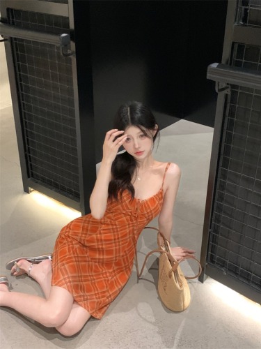 Real shot ~ European and American style retro orange plaid suspender skirt for women summer sexy dress slim skirt
