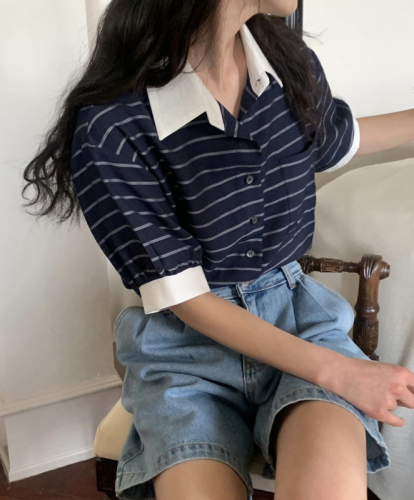 韩国chic 小众撞色条纹衬衣