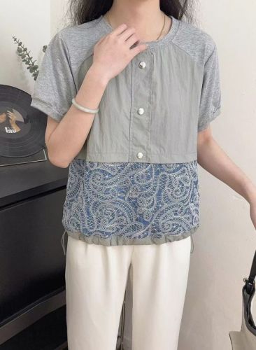 2024夏季新款韩版小众气质圆领蕾丝花边短袖衬衫女法式泡泡袖衬衣
