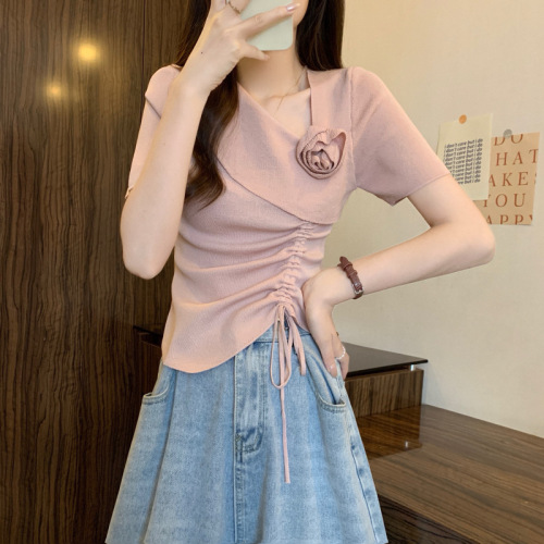 实拍 新版韩风设计感立体玫瑰短袖针织衫