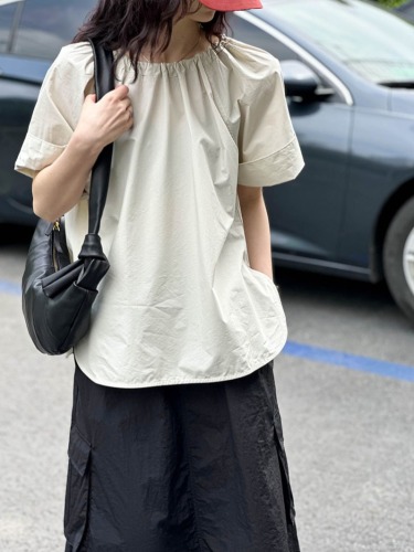 实拍~2024夏季新款韩版宽松纯色中袖衬衣减龄设计感休闲上衣