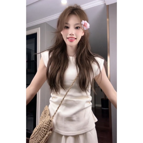 Official photo fashion suit for women summer pleated waist short-sleeved T-shirt a-line skirt two-piece set for women