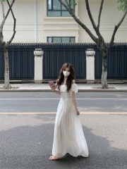 Real shot#White temperament ruffled slimming flying sleeves a-line skirt dress long skirt women summer