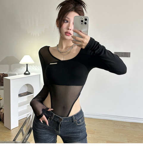 260g rayon spliced ​​mesh sexy sister style black mesh spliced ​​long-sleeved T-shirt women's bottoming jumpsuit