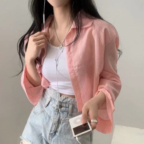 韩国chic 夏日 气质简约 条纹 长袖防晒衬衣 女短款衬衫