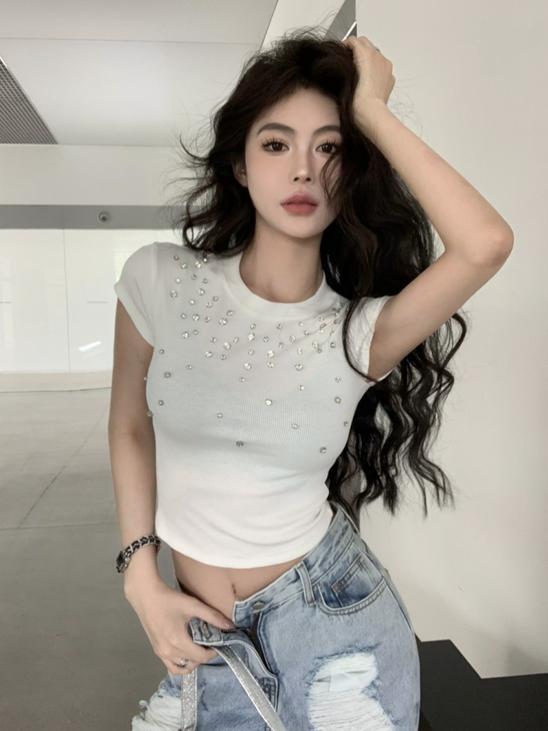 實拍夏季性感辣妹風閃閃鑲鑽螺紋短袖正肩T恤女短款露臍上衣