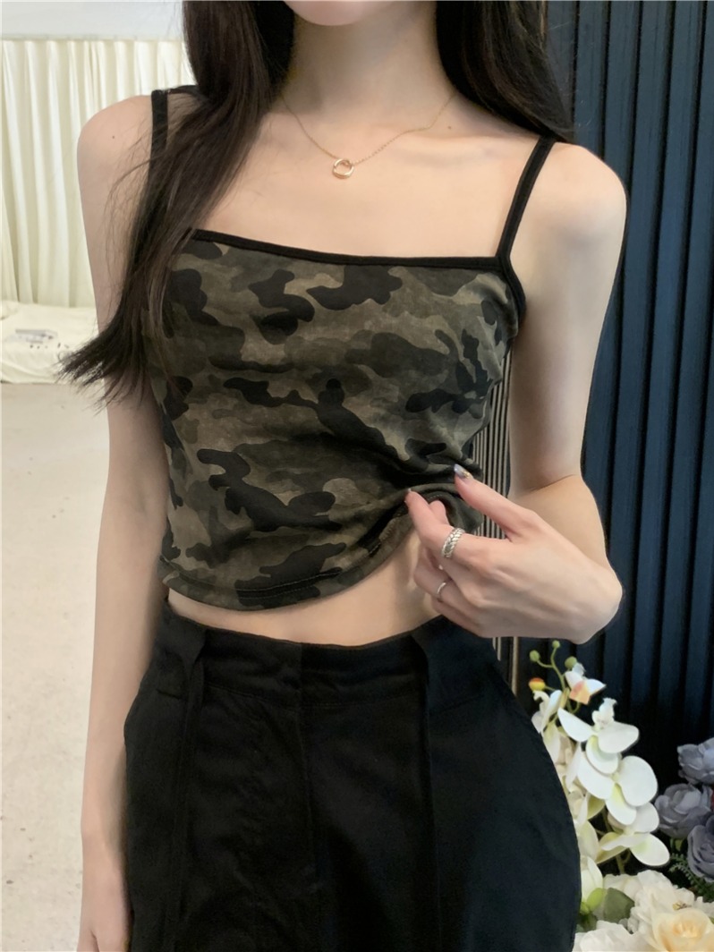 實拍  夏季新款迷彩紋短款吊帶裙背心上衣