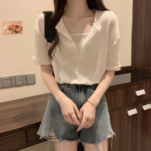 Real shot quality version ~ 2024 summer new waffle V-neck fake two-piece short long-sleeved top T-shirt for women