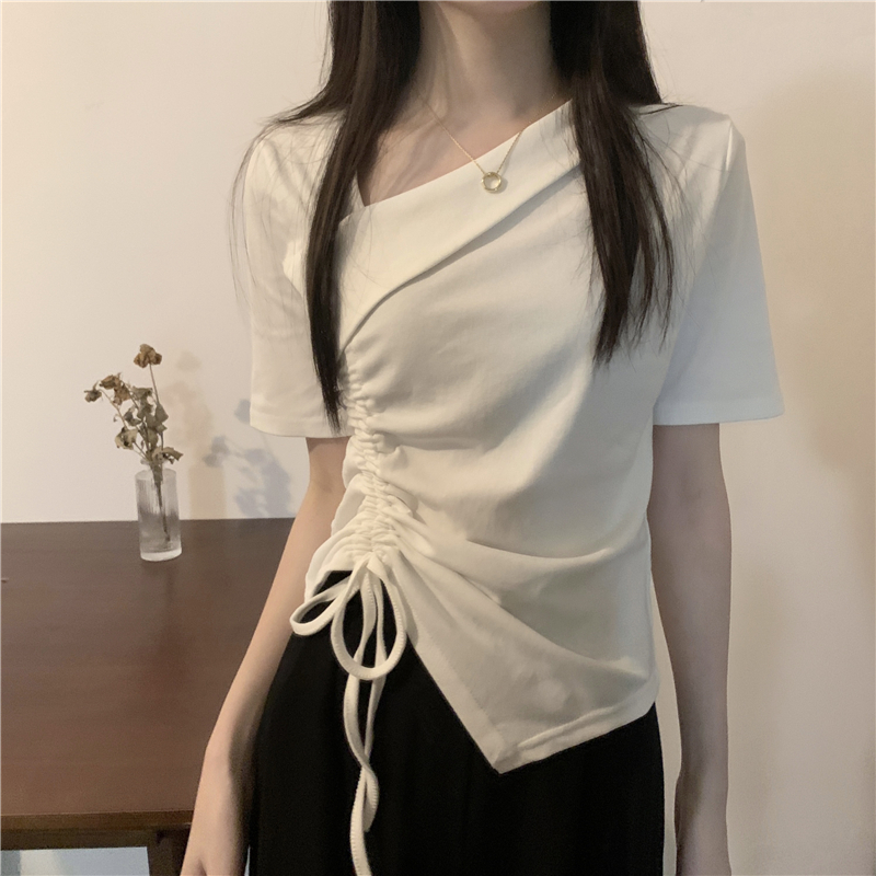 Summer New Arrival Asymmetrical Drawstring Short-Sleeve T-Shirt Top for Women