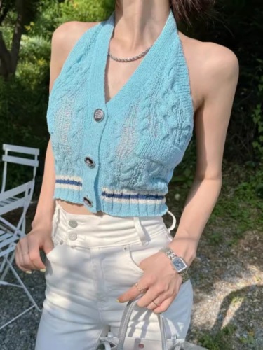 韩版V领设计感小众性感挂脖撞色V领针织背心女2024年新款夏季上衣