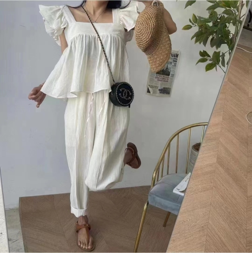 Korean chic niche retro square collar loose short fly sleeve shirt + high waist strappy wide leg pants