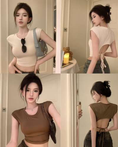 Real shot of hot girl sexy backless strappy vest for women slim and versatile basic solid color short top