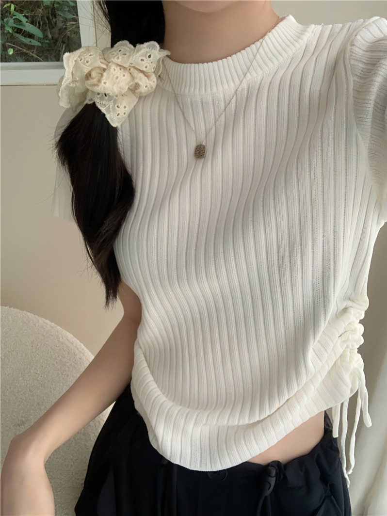Photographed Summer New Design Striped Drawstring Fitted Short Sleeve Knit Top