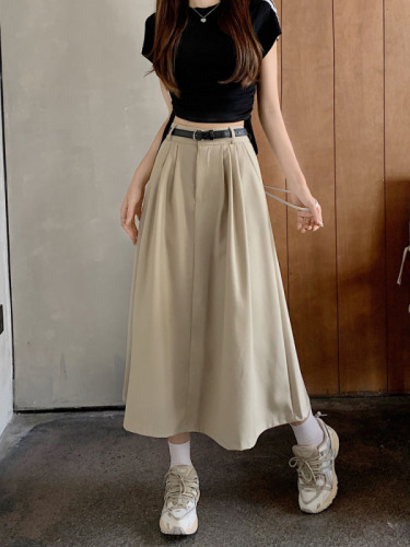 Actual shot ~ New Korean style design semi-elastic waist skirt A-line skirt with belt