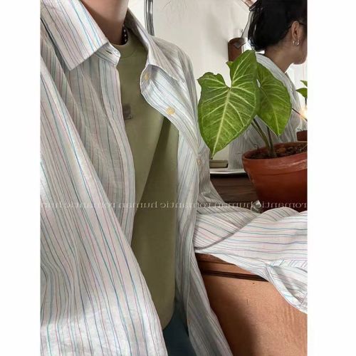 Kasuga sun protection clothing women's shirt jacket summer white striped thin loose chiffon long-sleeved shirt top