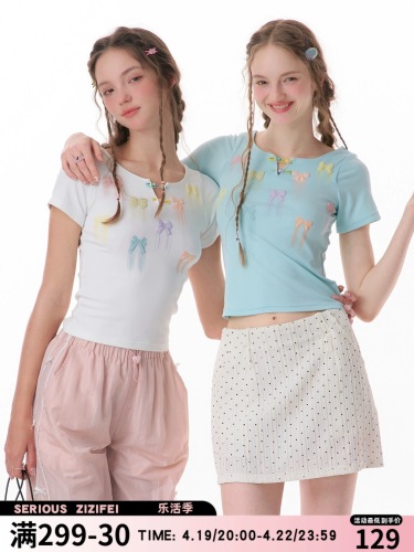 ziziFei夏季美式复古设计感蝴蝶结印花修身显瘦上衣正肩短袖T恤女