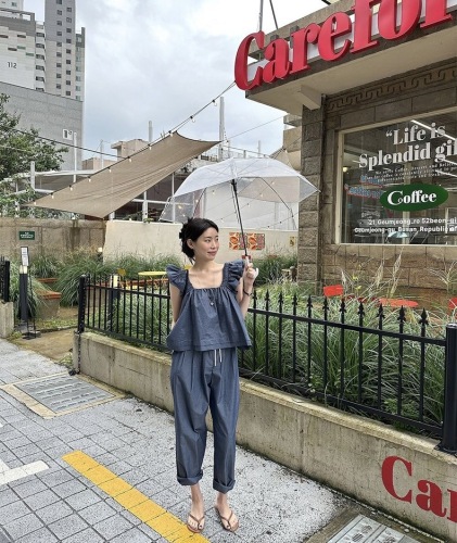 Korean ruffled flying sleeve baby blouse + elastic waist drawstring casual pants women's suit