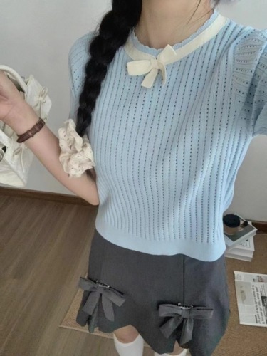 2024 new summer style Korean ladylike knitted sweater with bow contrasting color hollow versatile short-sleeved top