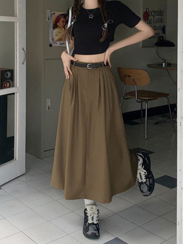 Actual shot ~ New Korean style design semi-elastic waist skirt A-line skirt with belt