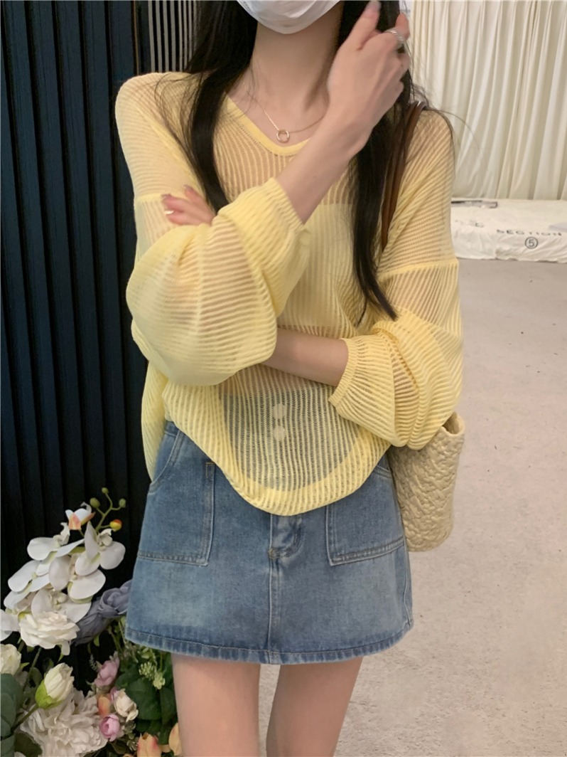 實拍   夏季慵懶風V領鏤空長袖針織衫防曬薄款上衣女