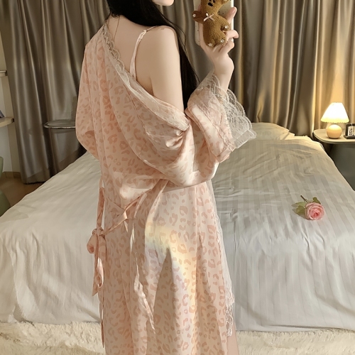 Actual shot of sexy pajamas for women, summer suspender nightgown, two-piece set, pink leopard print swung collar, satin ice silk home furnishings