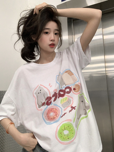 韩系休闲短袖T恤女夏季2024新款别致印花设计感圆领宽松百搭上衣